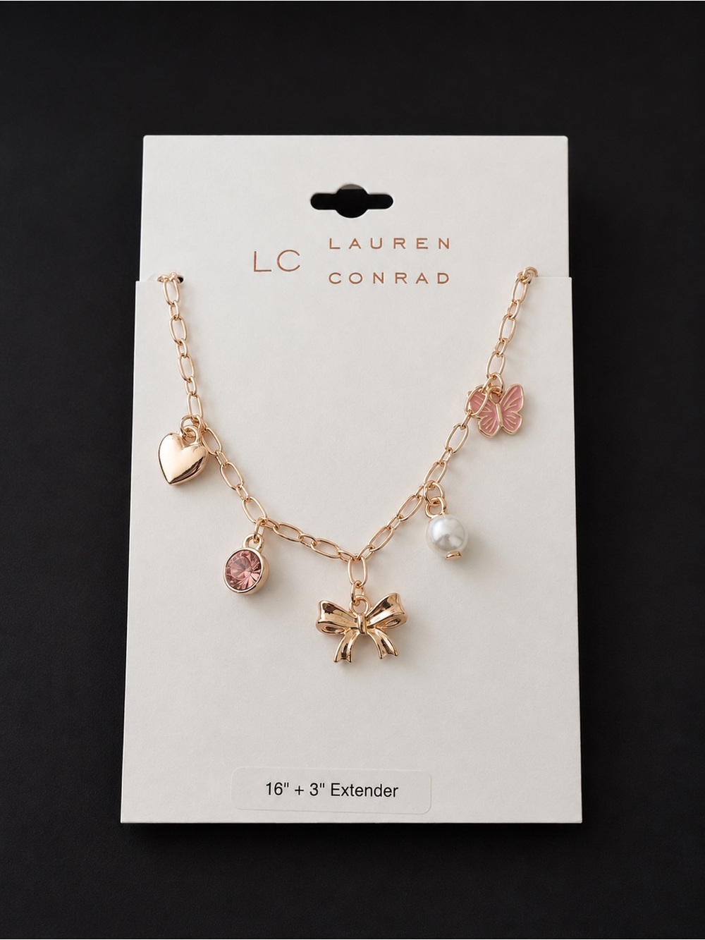 Lauren Conrad Gold Tone Necklace with Pink Accents and Pearl Charm